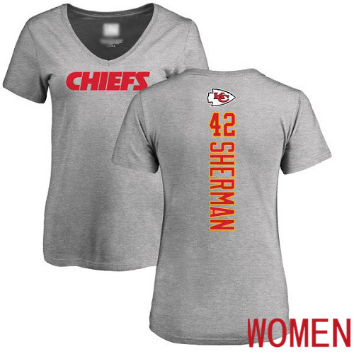 Women Kansas City Chiefs #42 Sherman Anthony Ash Backer V Neck NFL T Shirt->nfl t-shirts->Sports Accessory
